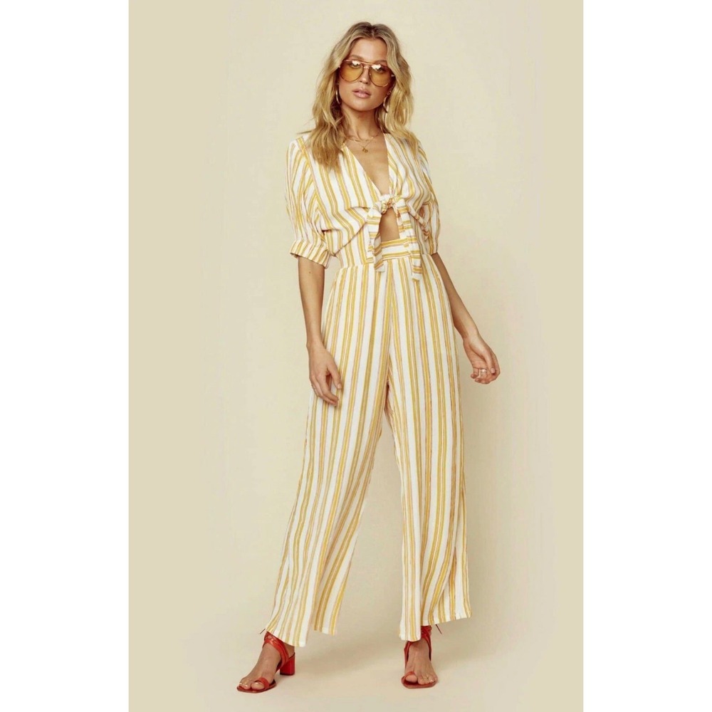 Faithfull The Brand Yellow Azure Stripe Jumpsuit Retro Vibes sunshine yellow